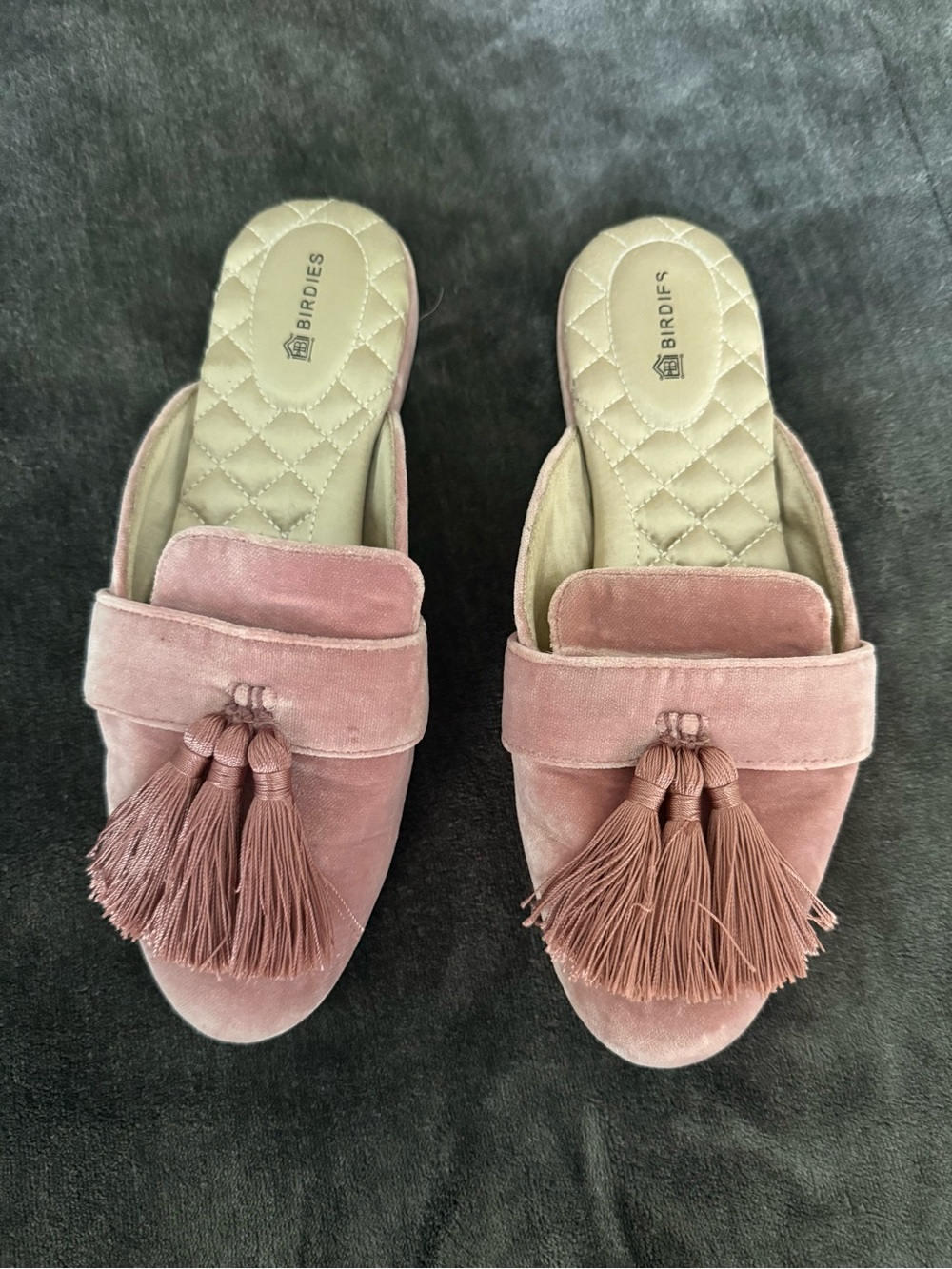 Birdies “The Robin Blush Pink Velvet Triple Tassel Mule Sleepers Size 6.5